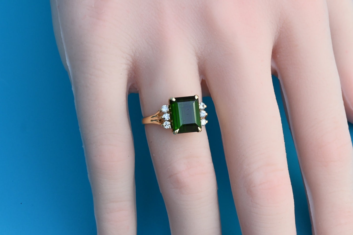 Emerald-Cut Green Tourmaline Flanked by Small Diamonds on 14K Yellow Gold Band10