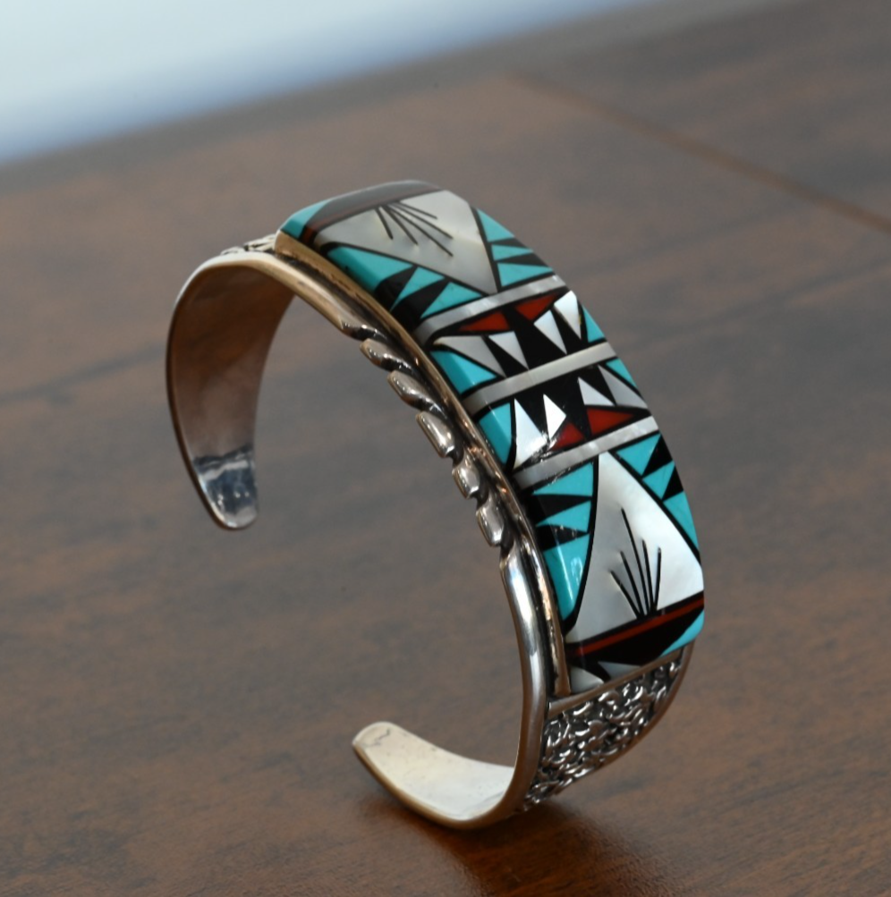 Vintage Native American Navajo Turquoise Mosaic Inlay Cuff by Tommy Jackson0