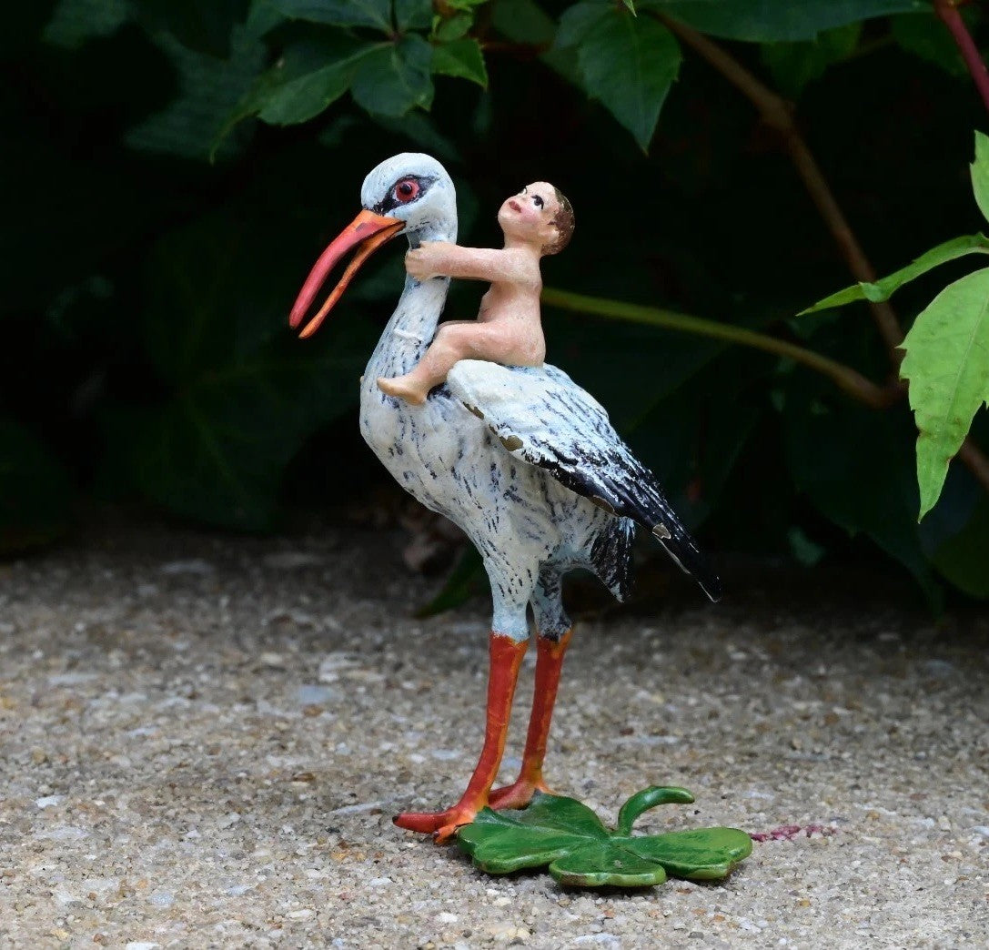 Rare Austrian Vienna Cold Painted Bronze Stork With Baby & Four Leaf Clover2