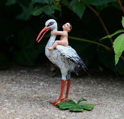 Rare Austrian Vienna Cold Painted Bronze Stork With Baby & Four Leaf Clover2