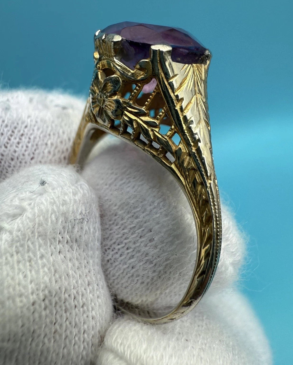 Awesome Antique Edwardian / Art Deco 1900s 14k Yellow Gold Filigree Ring 3