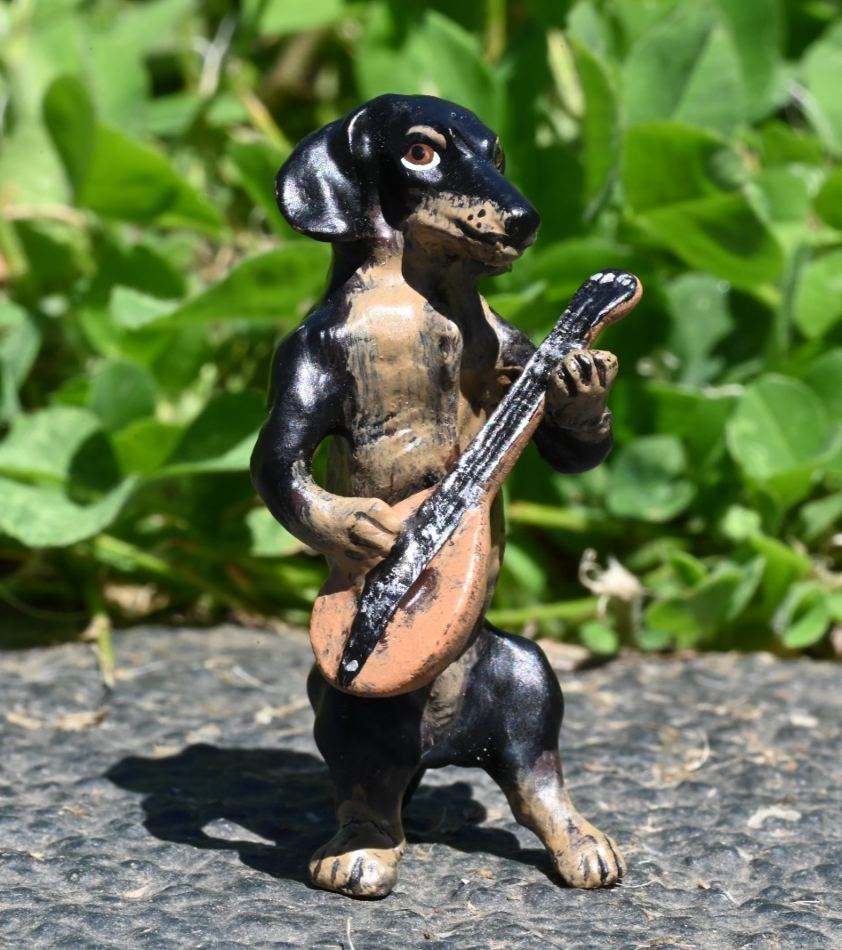 Fritz Bergmann Austrian Vienna Cold Painted Bronze Musical Dachshund w/ Mandolin0