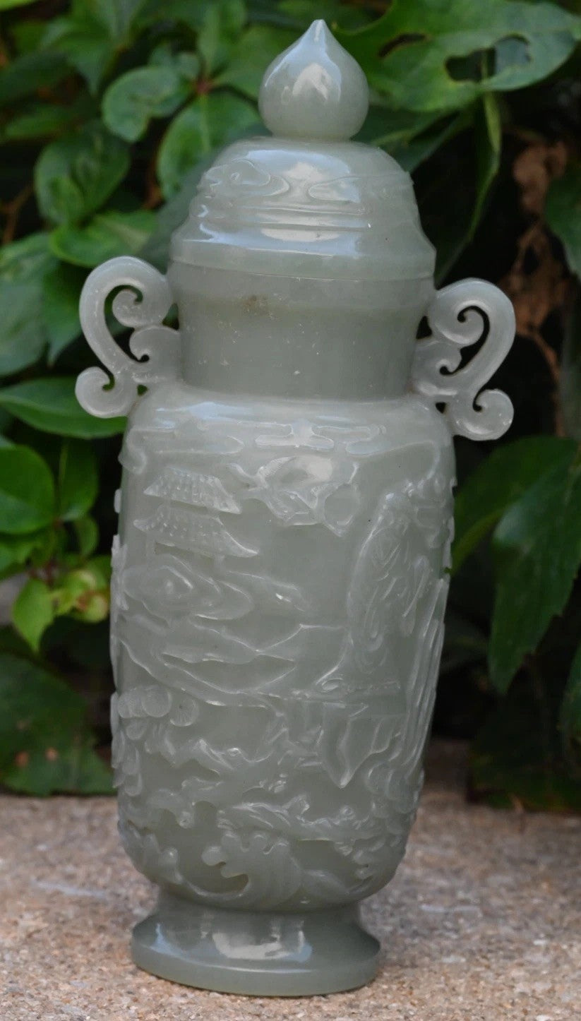 Beautiful Mid-20th C. Chinese Light Green Jade Lidded Vase With Carved People9