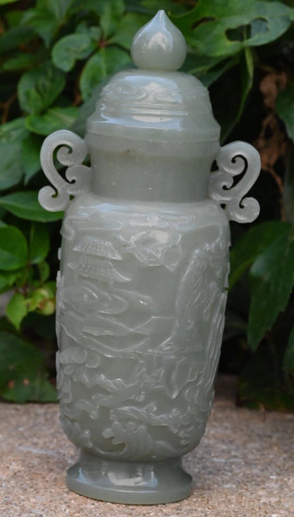 Beautiful Mid-20th C. Chinese Light Green Jade Lidded Vase With Carved People9