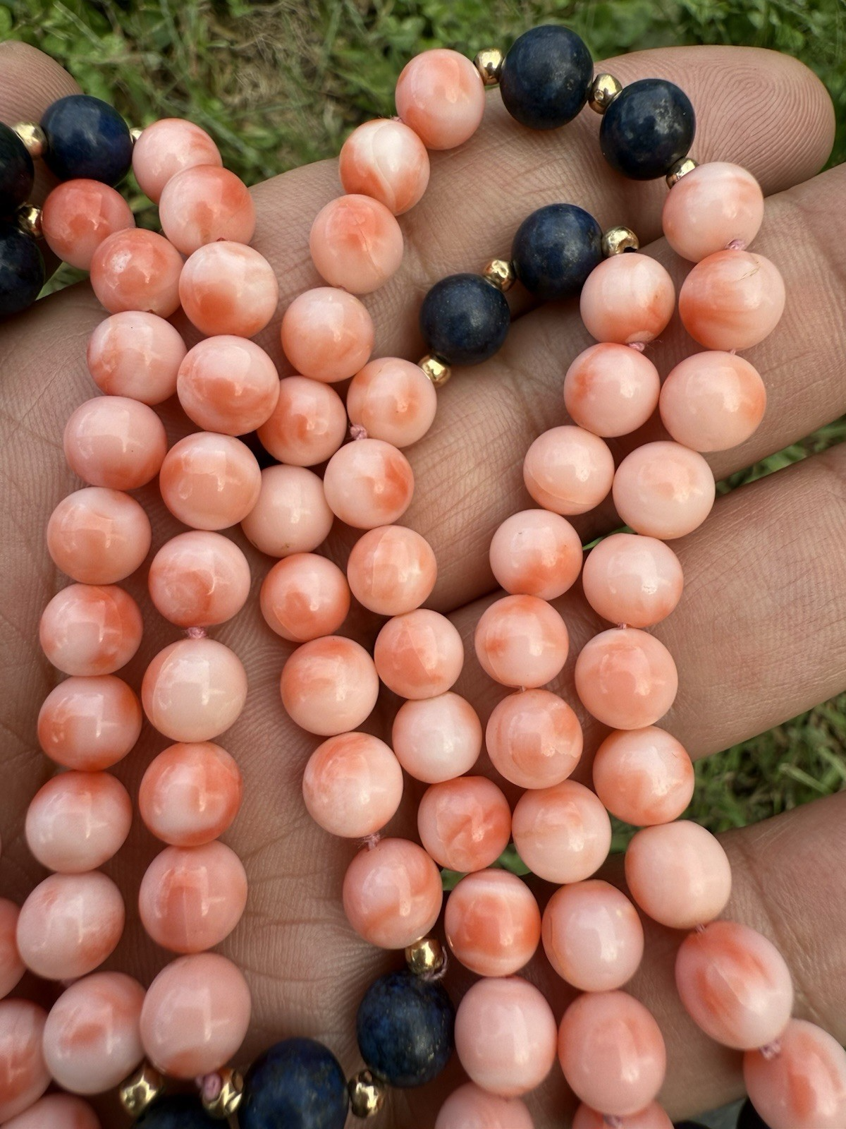 Beautiful White Angel Skin Coral & Lapis Beaded Necklace with 14K Gold Spacers3