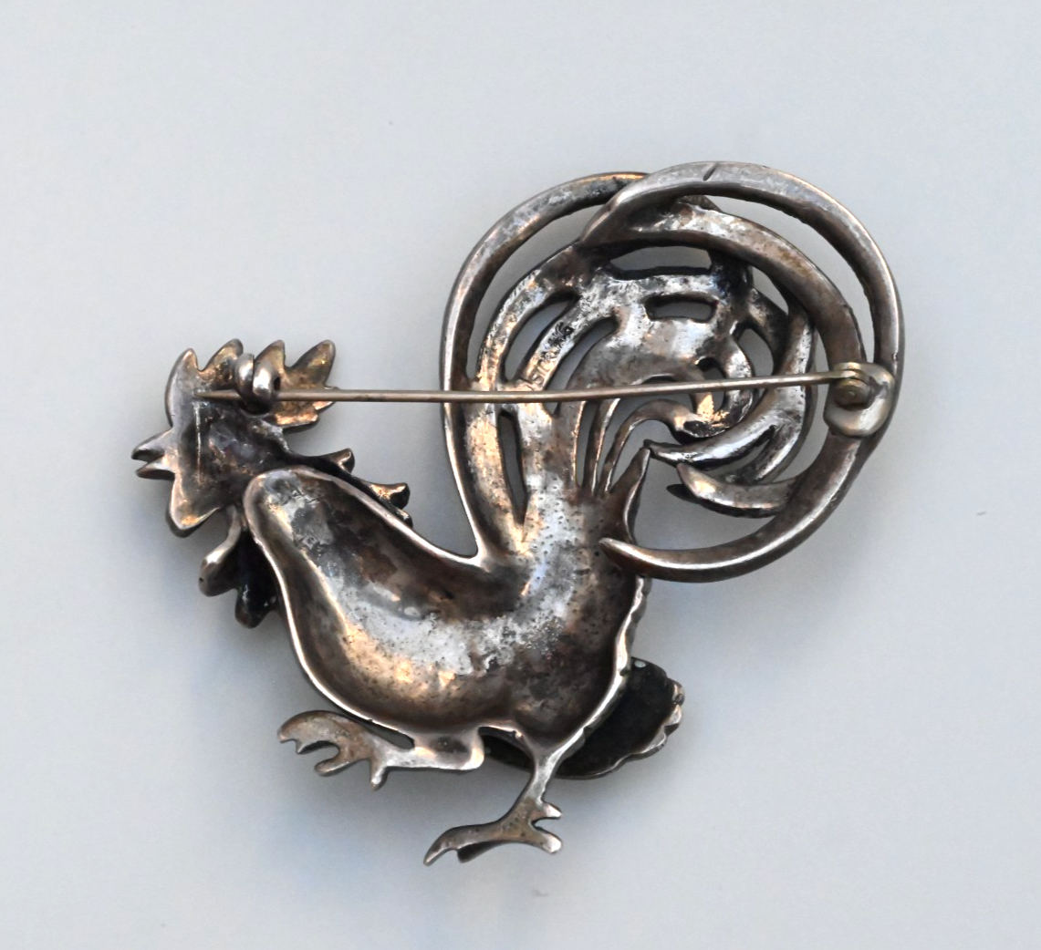 Gorgeous Sterling Silver Enamel Rooster Brooch Pin with Marcasite Accents1
