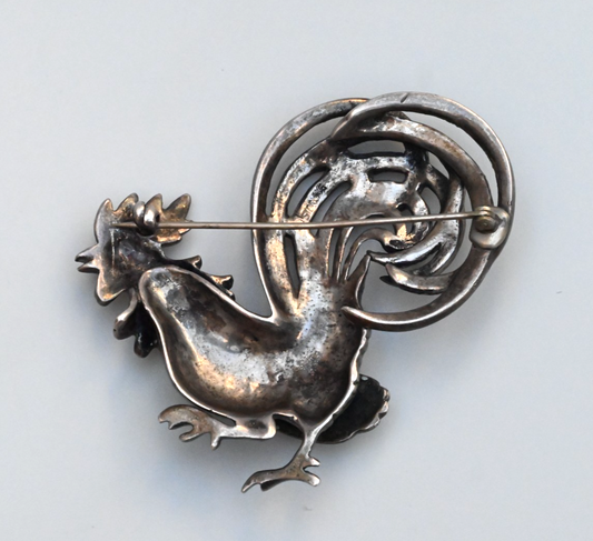 Gorgeous Sterling Silver Enamel Rooster Brooch Pin with Marcasite Accents1