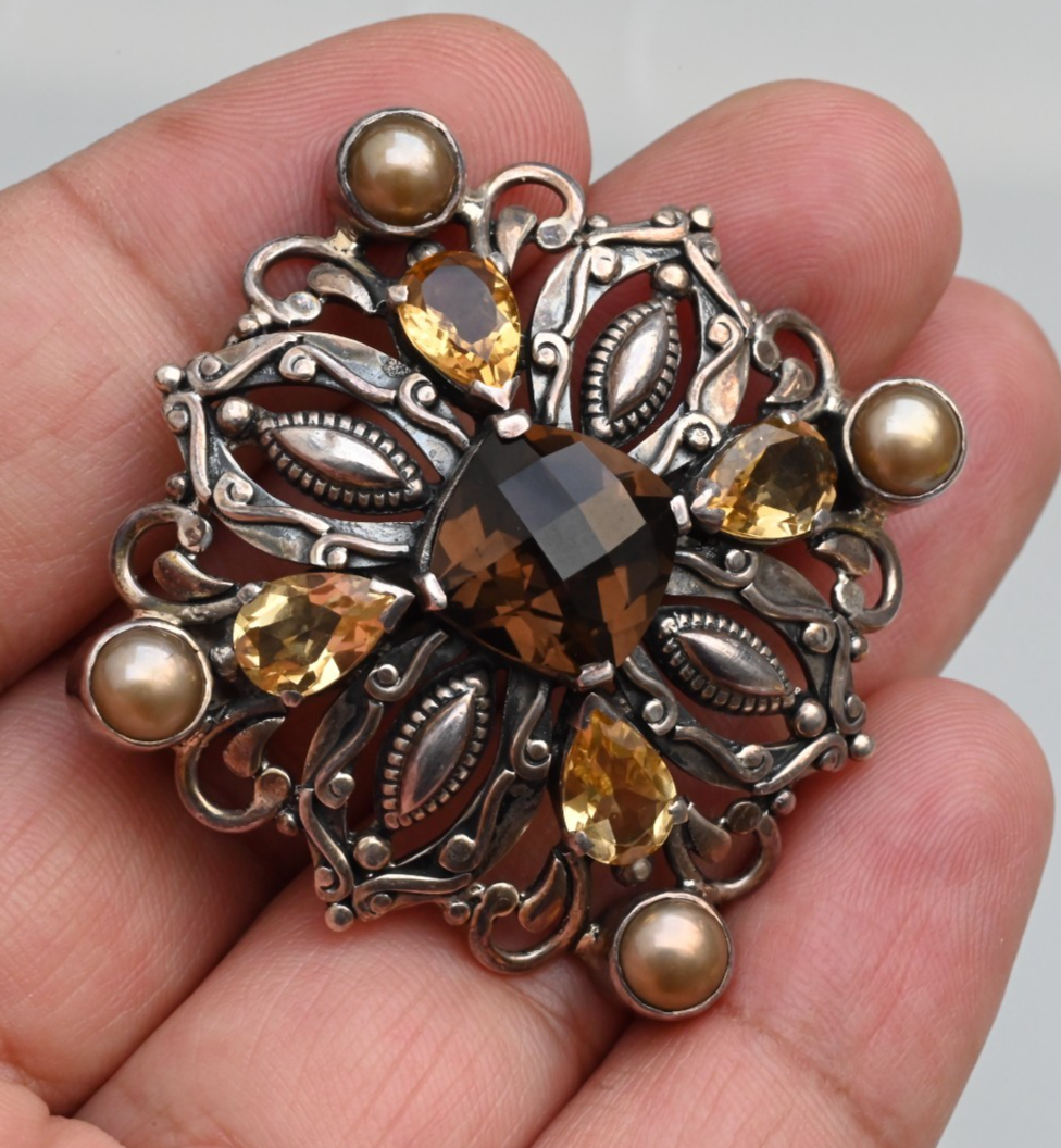 Sterling Silver Citrine Pearl Smokey Topaz / Smoky Quartz Brooch by Doug Paulus1