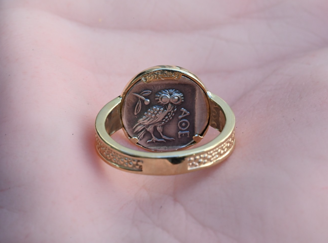 Amazing Goddess Athena & Her Owl Silver Coin Ring Set in 14K Yellow Gold7