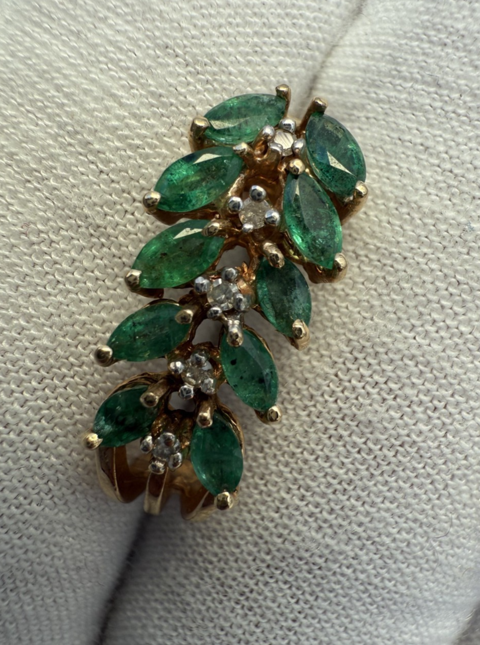 Pair of Natural Emerald Drop Earrings with Diamond Accents in 14K Yellow Gold1