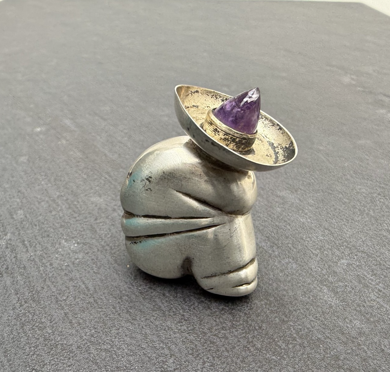Awesome Vintage Mexico Sterling Silver Siesta Man Perfume Bottle w/ Amethyst Top1