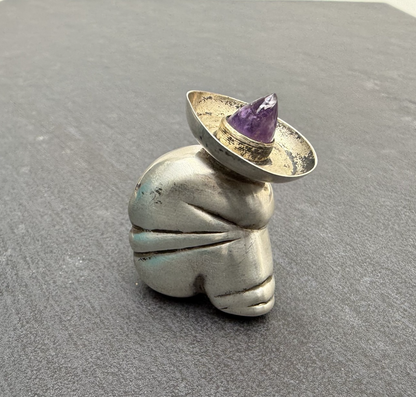 Awesome Vintage Mexico Sterling Silver Siesta Man Perfume Bottle w/ Amethyst Top1