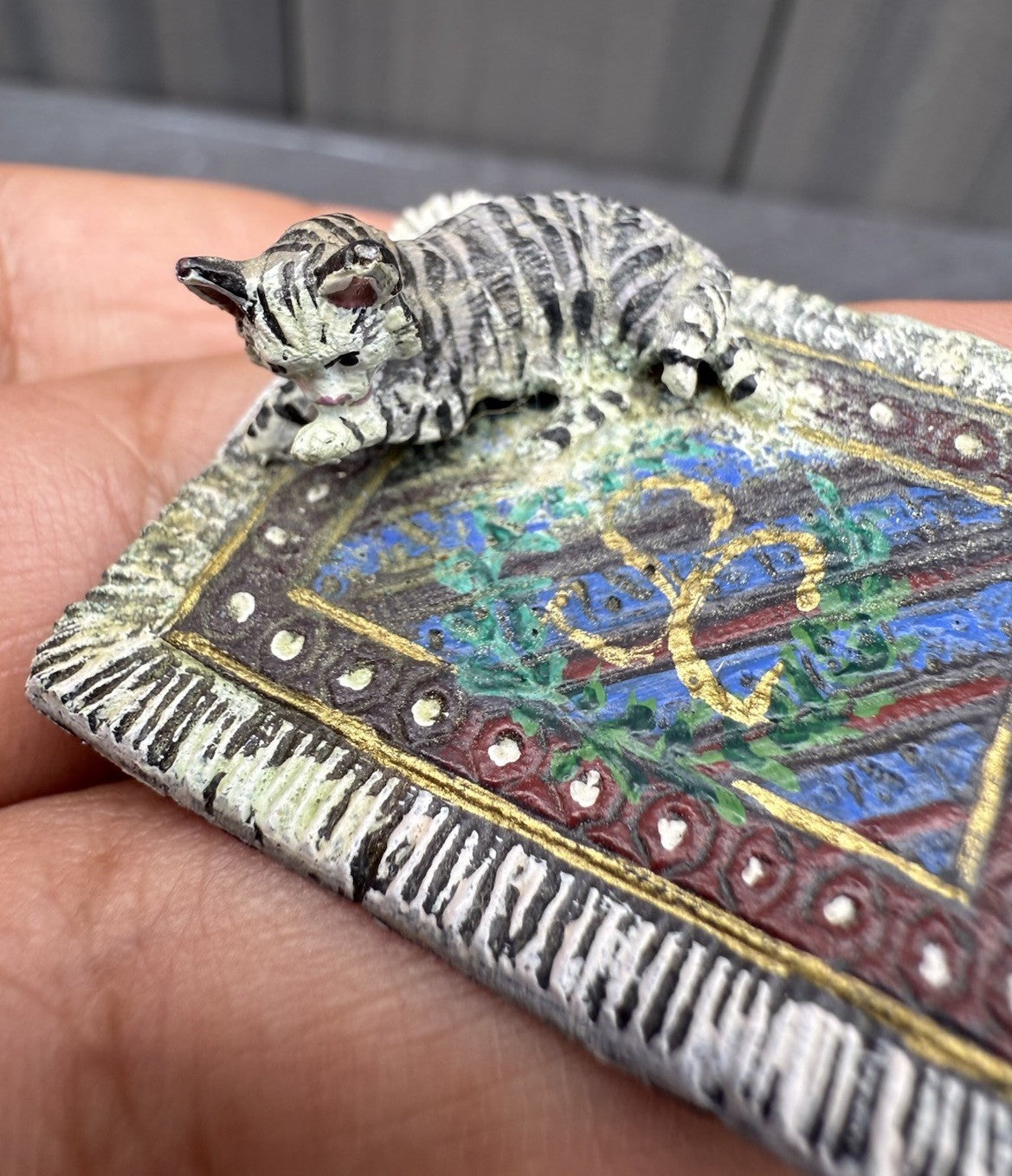 Colorful Austrian Vienna Cold Painted Bronze Figure of Cat on Persian Carpet7