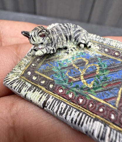 Colorful Austrian Vienna Cold Painted Bronze Figure of Cat on Persian Carpet7