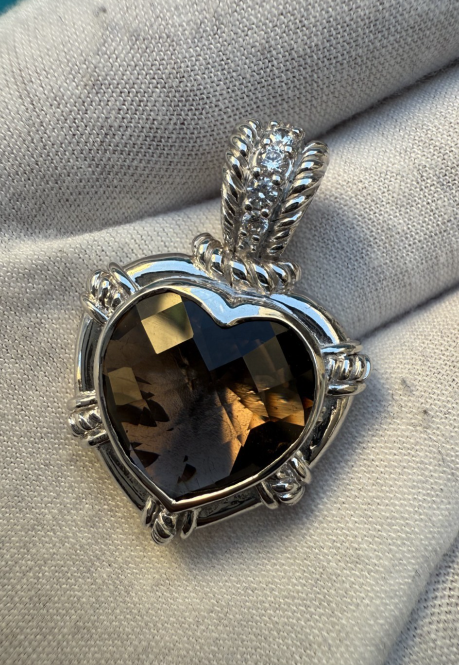 Lovely Judith Ripka Sterling Silver Faceted Smoky Quartz Heart Pendant 2