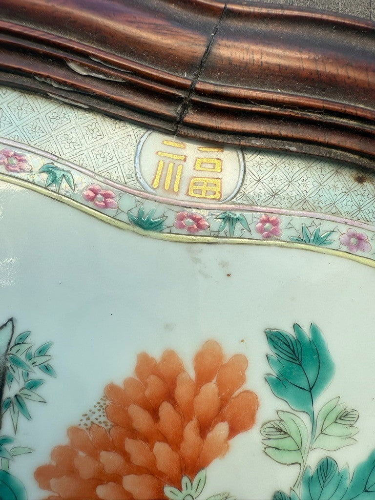 Large 20" Chinese Antique 1900s Porcelain Serving Tray with Enameled Black Birds7
