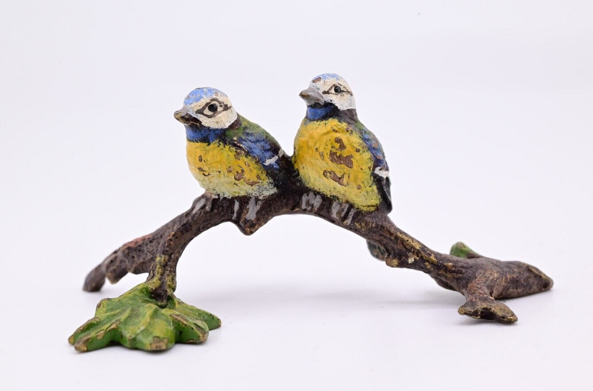 Antique Austrian Vienna Cold Painted Bronze Figure Eurasian Blue Tit Birds3