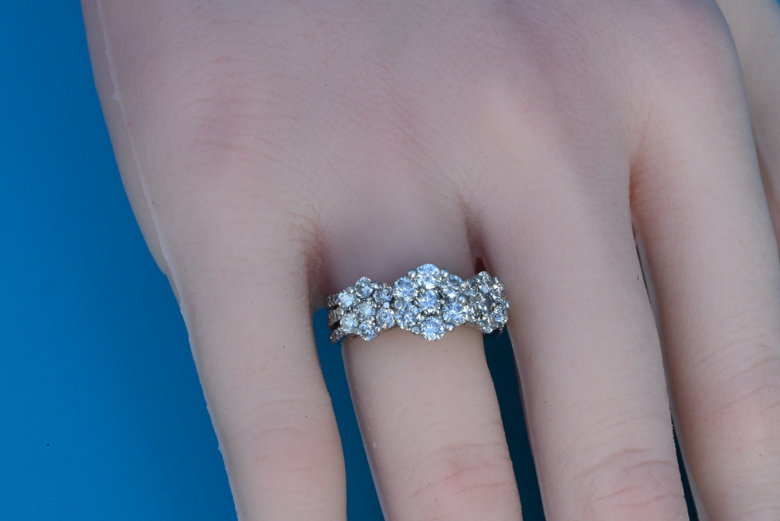 Gorgeous 14K White Gold 2TW Diamond Cluster Ring in Triple Flower Design6