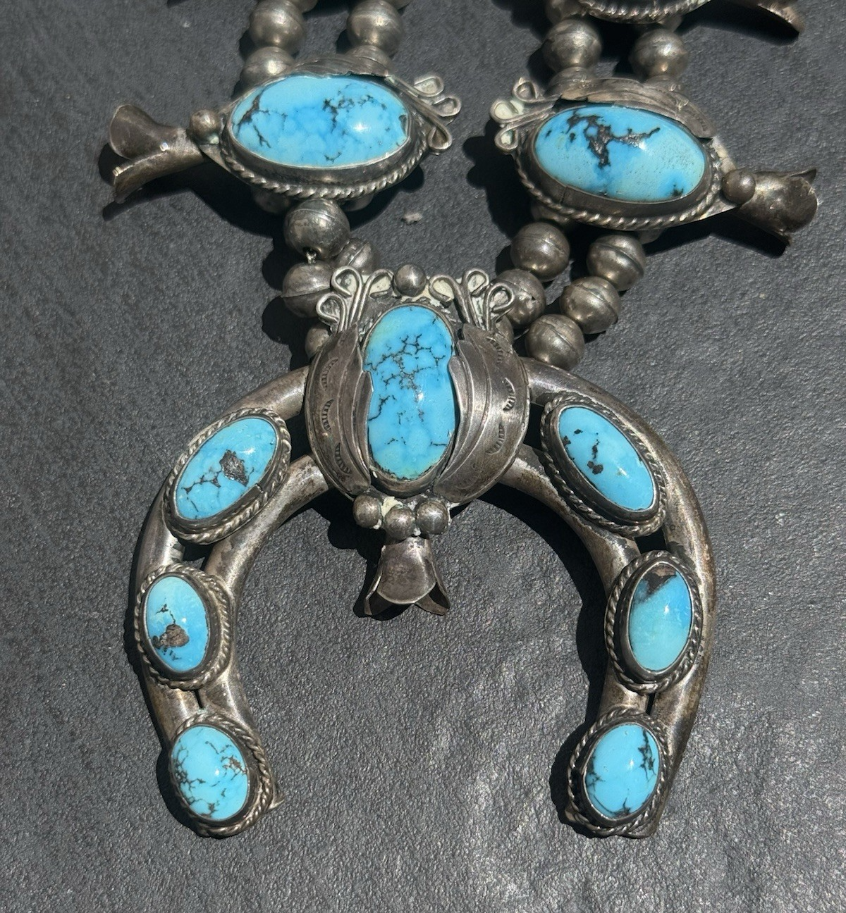 Early Native American Blue Turquoise & Sterling Silver Squash Blossom Necklace1