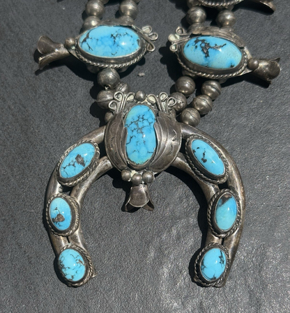 Early Native American Blue Turquoise & Sterling Silver Squash Blossom Necklace1