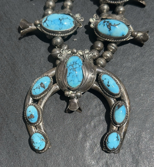 Early Native American Blue Turquoise & Sterling Silver Squash Blossom Necklace1