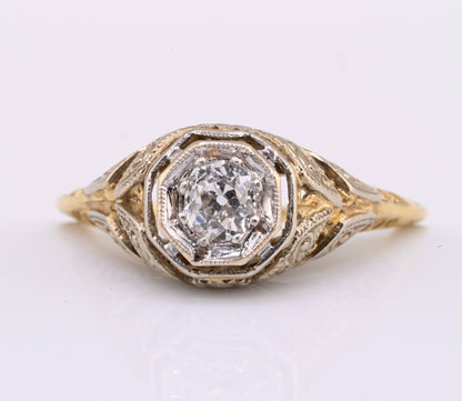 Elegant Antique 14K Bi Color Gold Ring w/ .30 ct Old Mine Cut Diamond IGI Cert4