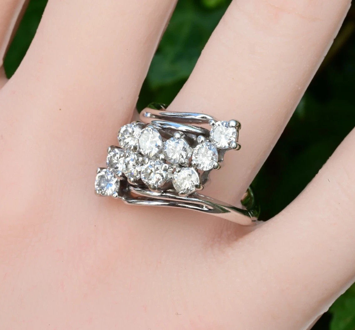 14K W  Gold 2ct Natural Diamond Waterfall Cluster Ring Expandable Shank IGI Cert3