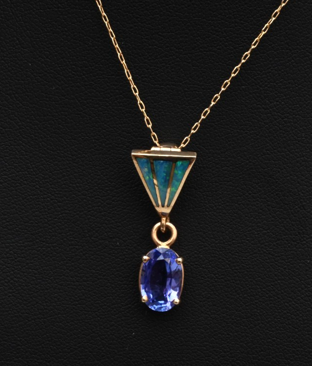 Stunning Natural 2 ct Tanzanite & Opal Inlaid 14K Yellow Gold Pendant0