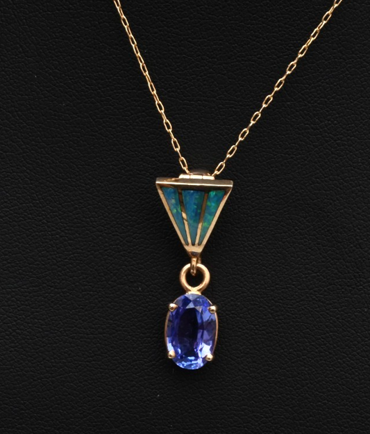 Stunning Natural 2 ct Tanzanite & Opal Inlaid 14K Yellow Gold Pendant0