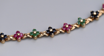 Beautiful Floral Tennis Bracelet with Sapphires, Rubies & Emeralds 14K YG 7 1/4"9