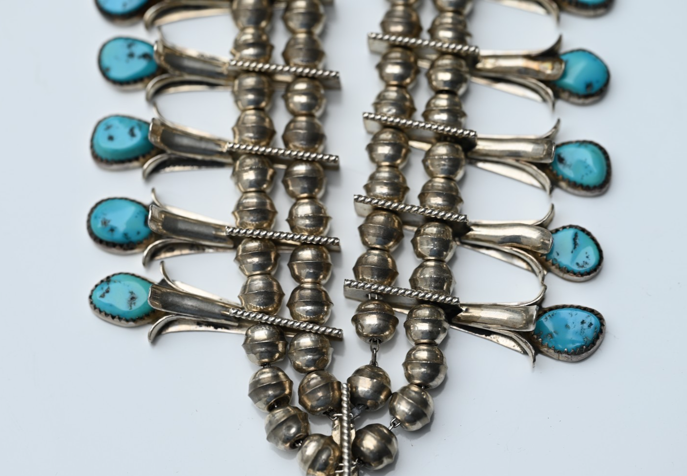 Lovely Native American Blue Turquoise & Sterling Silver Squash Blossom Necklace2