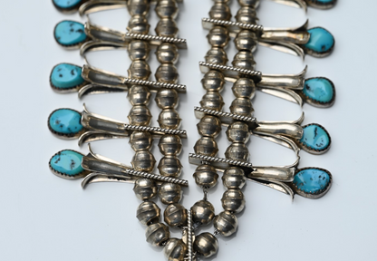 Lovely Native American Blue Turquoise & Sterling Silver Squash Blossom Necklace2