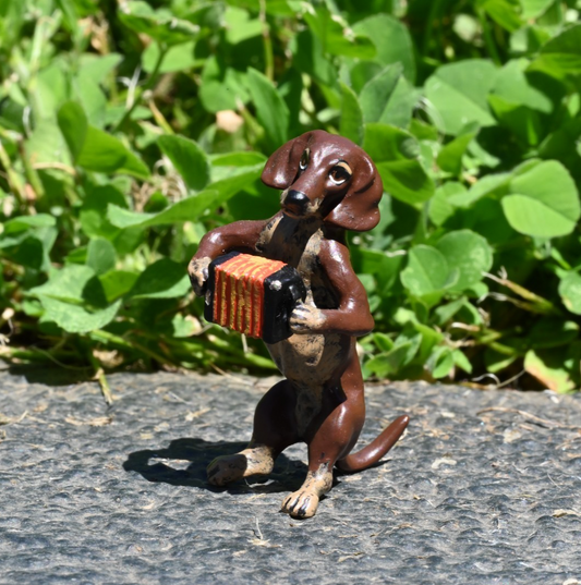 Fritz Bergmann Austrian Vienna Cold Painted Bronze Musical Dachshund w Accordion0