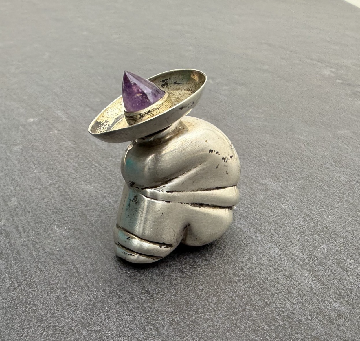 Awesome Vintage Mexico Sterling Silver Siesta Man Perfume Bottle w/ Amethyst Top0