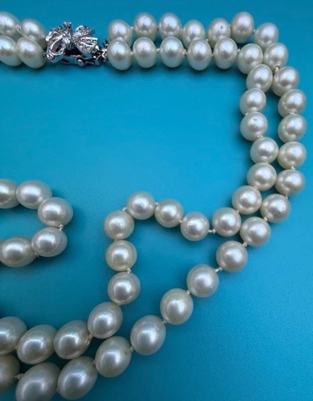 Genuine Early Vintage String of Cultured Pearls 14K White Gold Clasp MGM J3