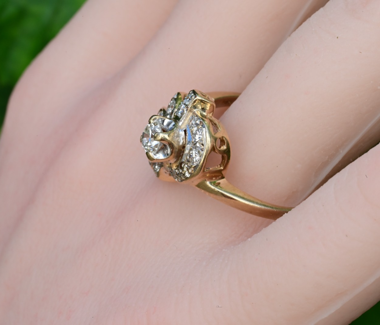 Floral Spray & Ribbon Cluster 14K Ring with Natural Antique Round-cut Diamonds3