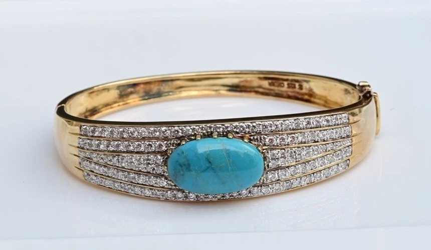Gold Toned Sterling Silver Bangle Cuff Bracelet with Blue Oval Turquoise Gem0