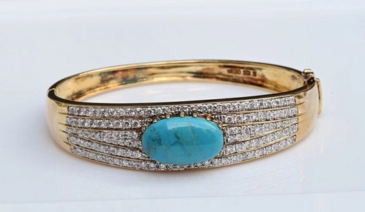 Gold Toned Sterling Silver Bangle Cuff Bracelet with Blue Oval Turquoise Gem0