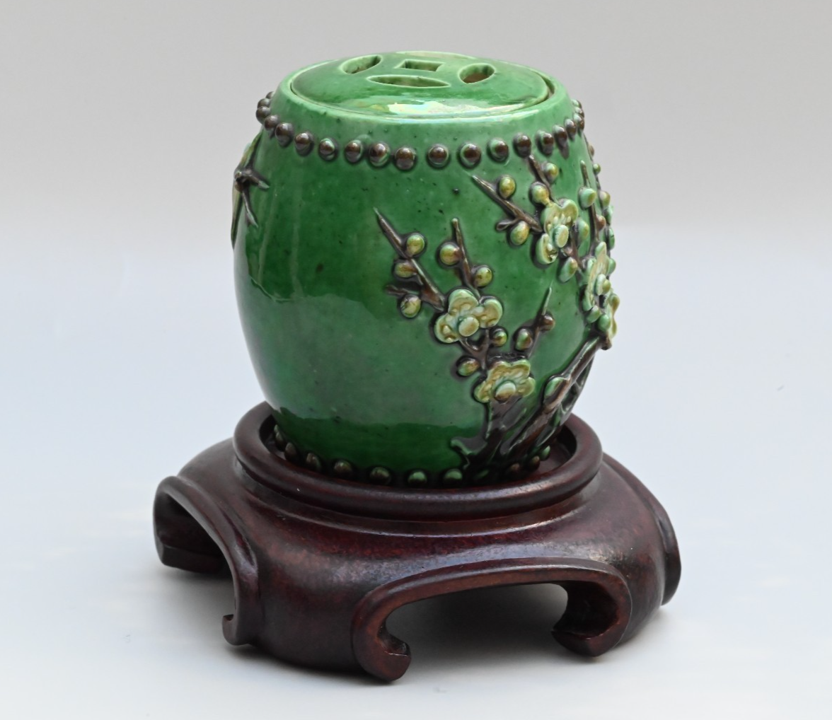 Unique Chinese Antique Porcelain Lid Jar / Cricket Cage w/ Raised Blossom Design3