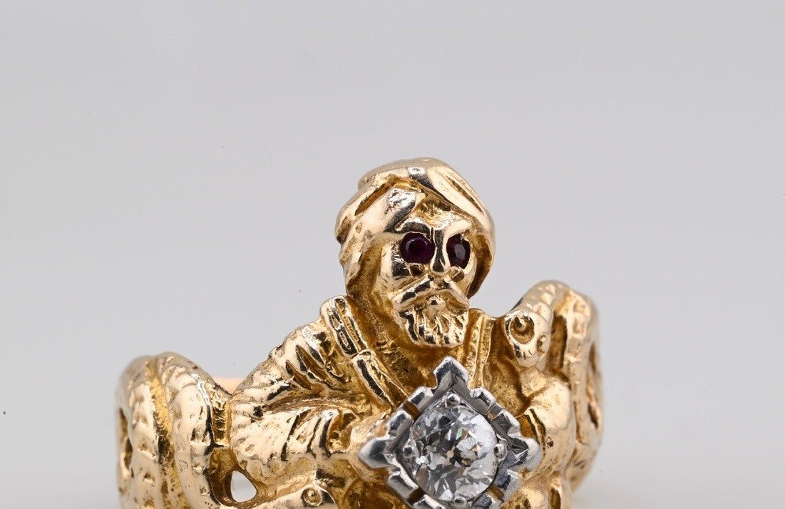 ANTIQUE ART DECO PERIOD 14K GENIE & DOUBLE SNAKE RING OLD EURO DIAMOND IGI CERT.3