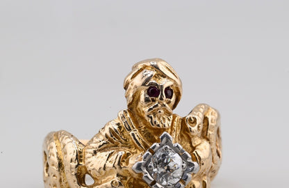 ANTIQUE ART DECO PERIOD 14K GENIE & DOUBLE SNAKE RING OLD EURO DIAMOND IGI CERT.3