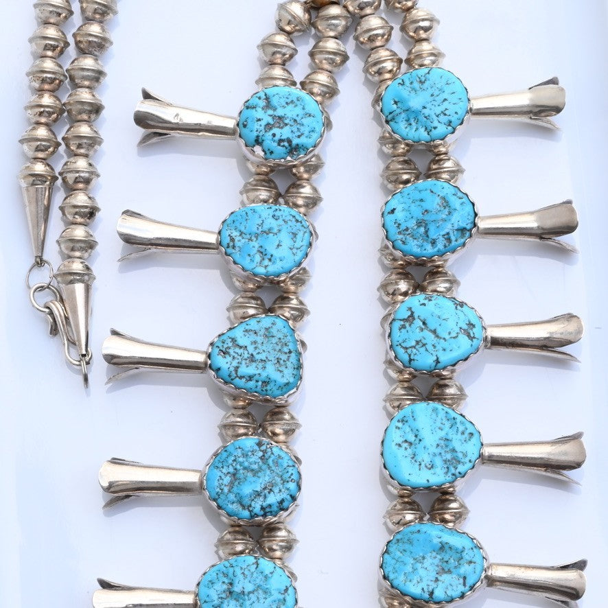 Vintage Native American Blue Turquoise & Sterling Silver Squash Blossom Necklace2