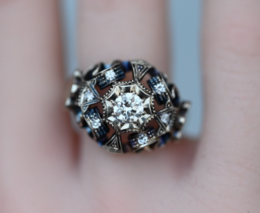 Vintage Art Deco Style Statement Ring 18K Gold .40 ct Center Diamond0