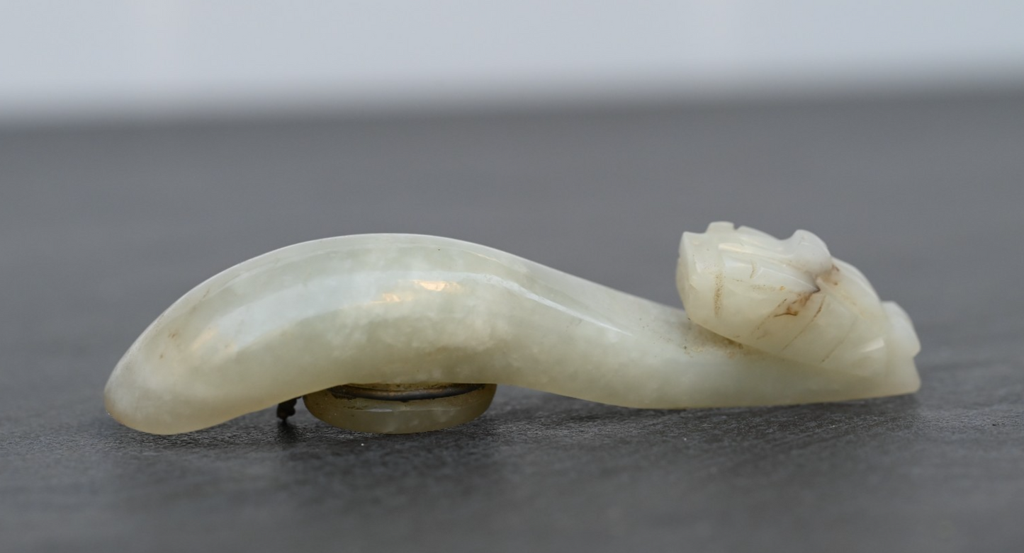 Early Antique 1900s Carved Chinese White Celadon Jade Dragon Belt Hook0