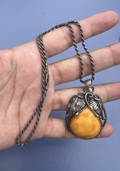 Gorgeous Natural Marbled Butterscotch Amber & Fine Silver Pendant Necklace4