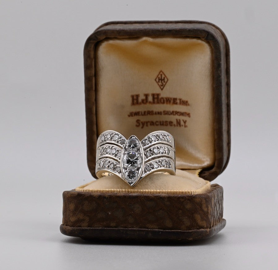 14K Retro Early Vintage Art Deco Style 3 Band Chevron Diamond Ring IGI Certified1