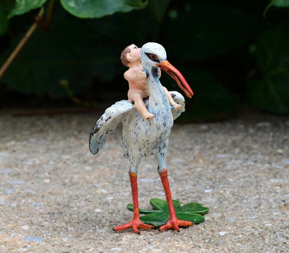 Rare Austrian Vienna Cold Painted Bronze Stork With Baby & Four Leaf Clover5