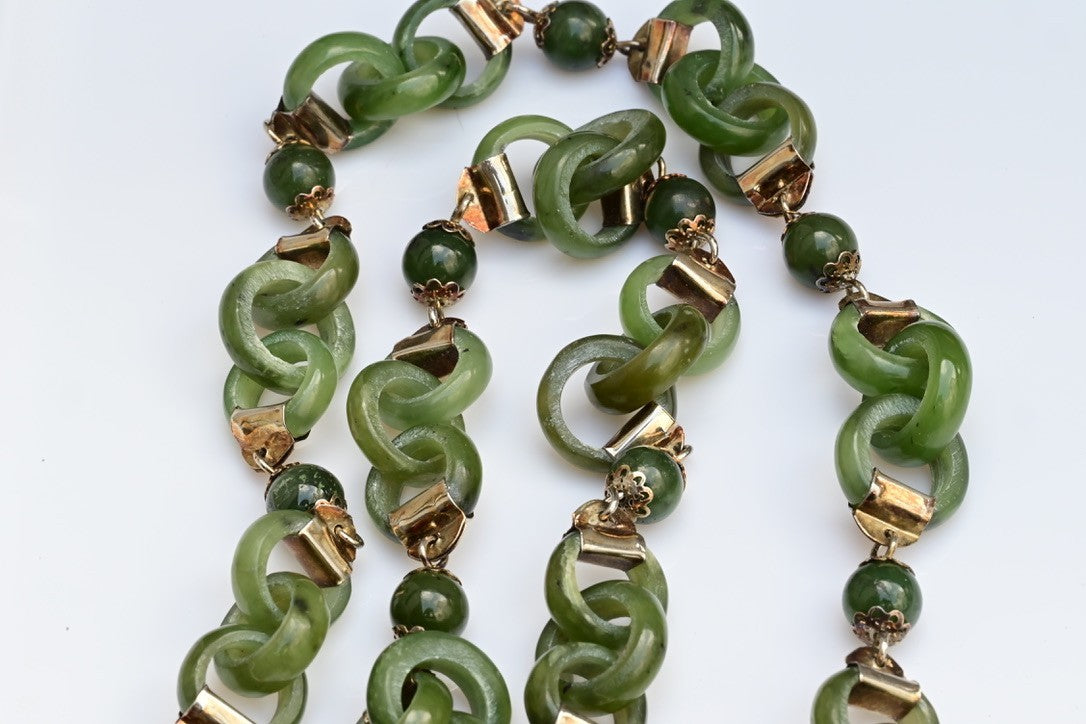 Antique / Vintage Light Spinach Natural Green Jade Devils Work Link Necklace1