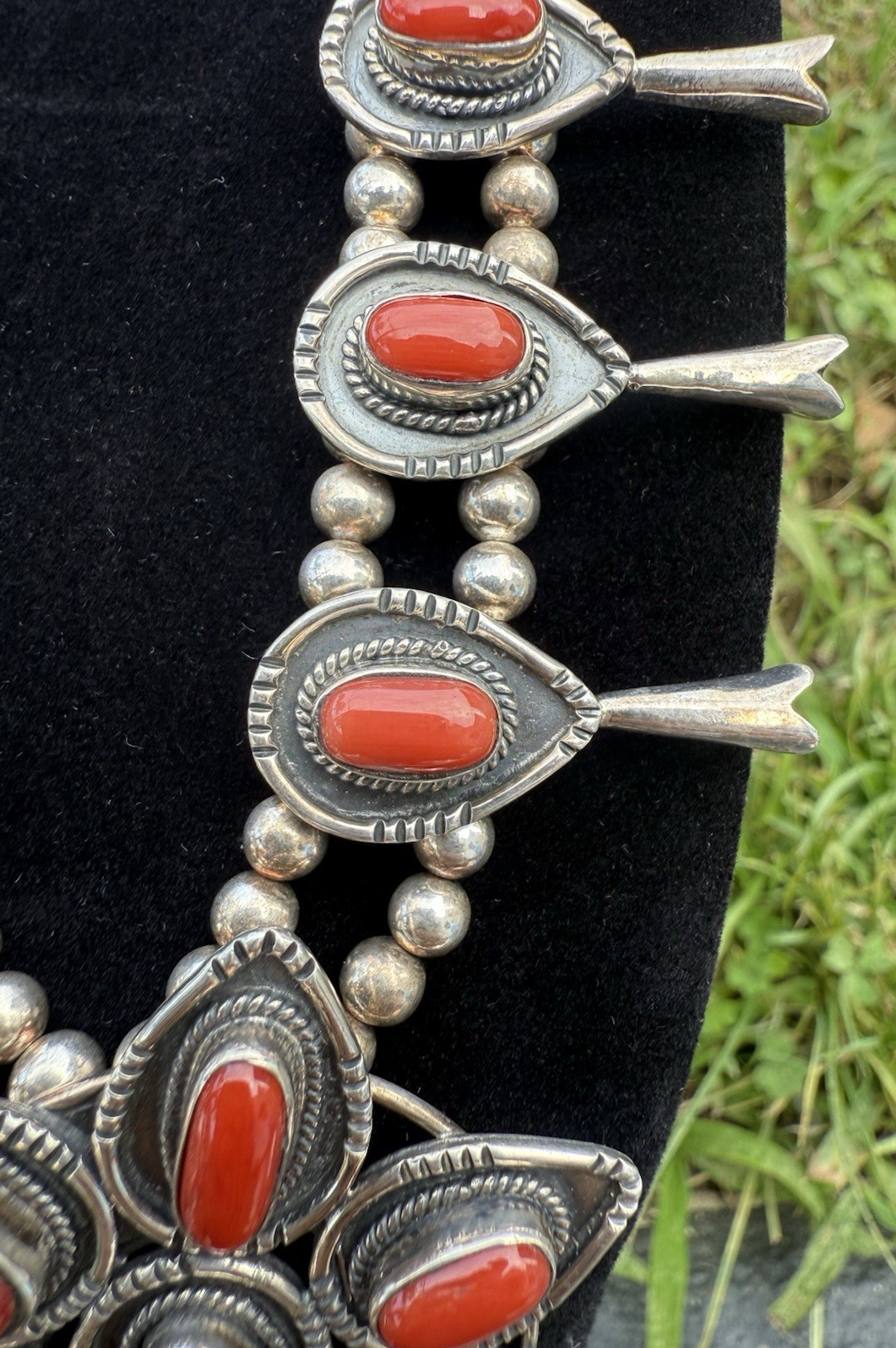 Gorgeous Native American Sterling Silver Squash Blossom Necklace with Red Coral7