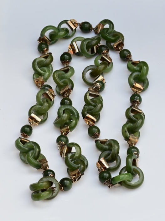 Antique / Vintage Light Spinach Natural Green Jade Devils Work Link Necklace0